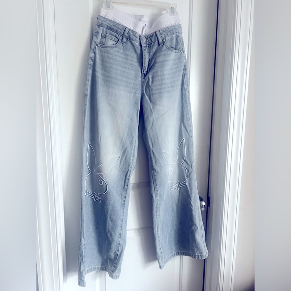 Playboy white tuxedo waist embroidered iconic bunny wide leg jeans size 7 - Picture 2 of 7